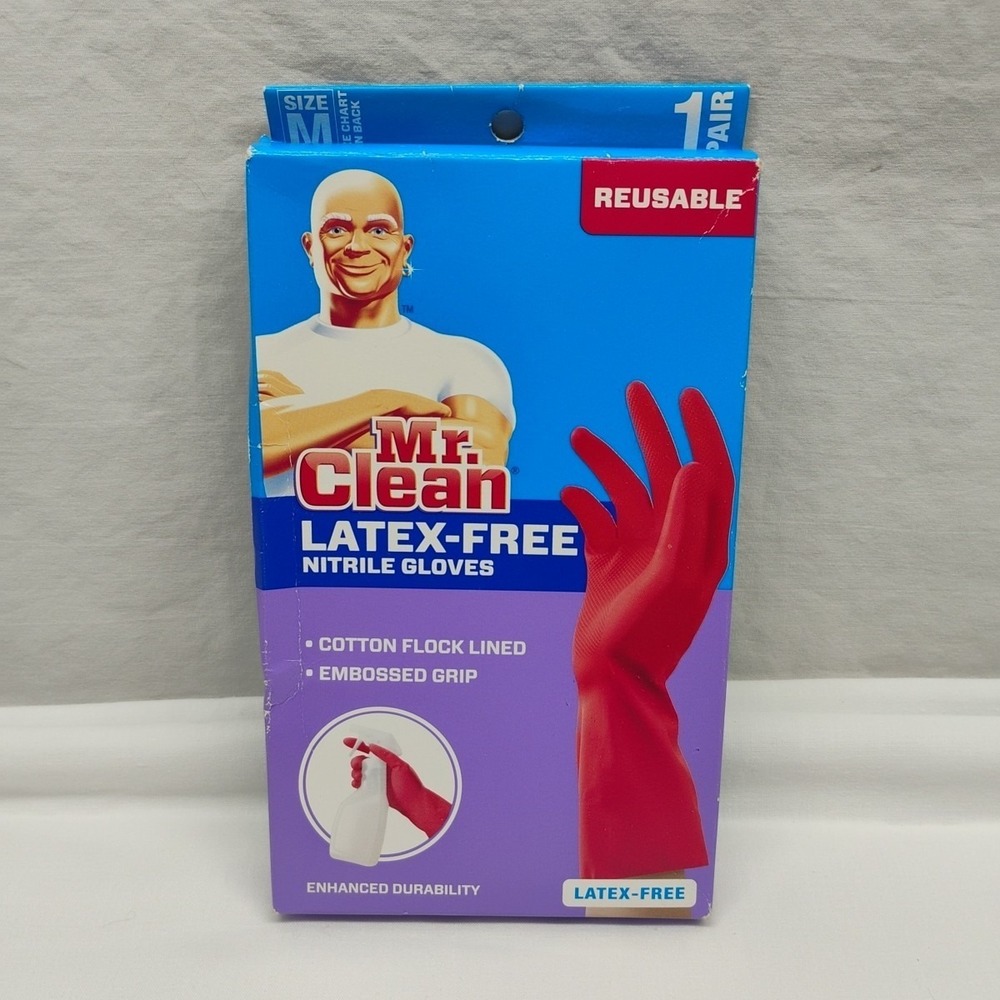 Mr Clean M Latex Free‎ Nitrile Gloves Red Cotton Flock Lined Embossed Grip 1pr